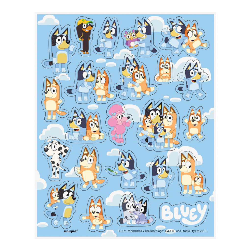 Blue cartoon Bluey character sticker sheet for birthday from Parte Haus party supply store in Bethesda Maryland