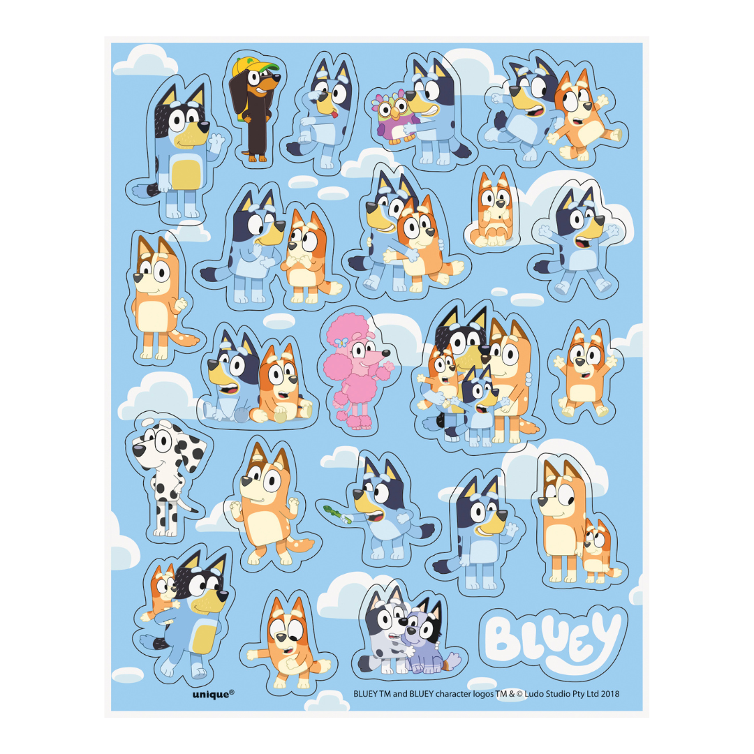 Blue cartoon Bluey character sticker sheet for birthday from Parte Haus party supply store in Bethesda Maryland