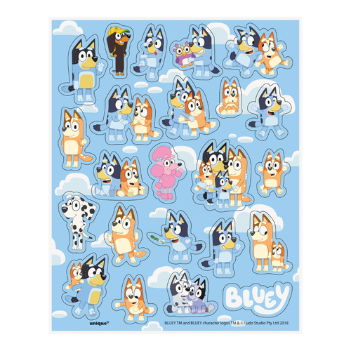 Blue cartoon Bluey character sticker sheet for birthday from Parte Haus party supply store in Bethesda Maryland