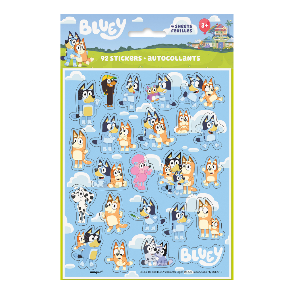Blue cartoon character Bluey sticker sheet for kids birthday theme from Parte Haus party supply store in Bethesda MD