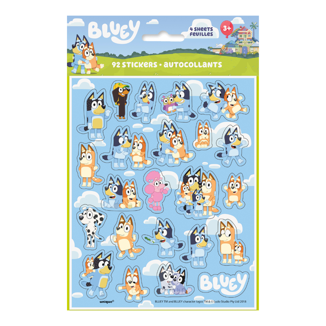 Blue cartoon character Bluey sticker sheet for kids birthday theme from Parte Haus party supply store in Bethesda MD