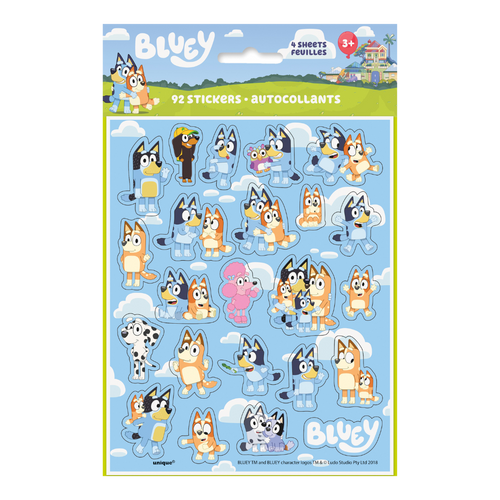 Blue cartoon character Bluey sticker sheet for kids birthday theme from Parte Haus party supply store in Bethesda MD