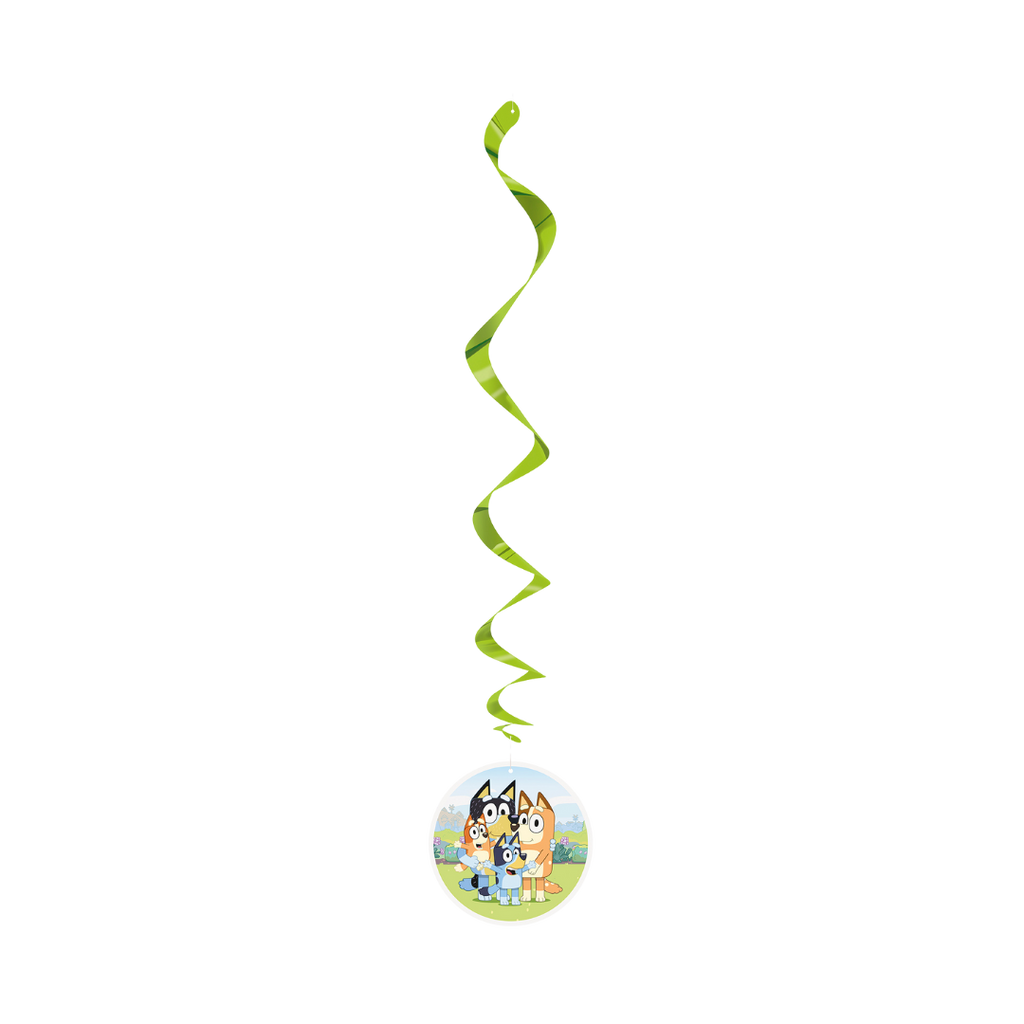 Green Bluey hanging swirl decoration with cartoon dog family for kids birthday from Parte Haus party supply store in Bethesda MD
