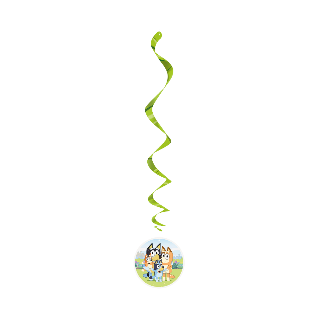 Green Bluey hanging swirl decoration with cartoon dog family for kids birthday from Parte Haus party supply store in Bethesda MD