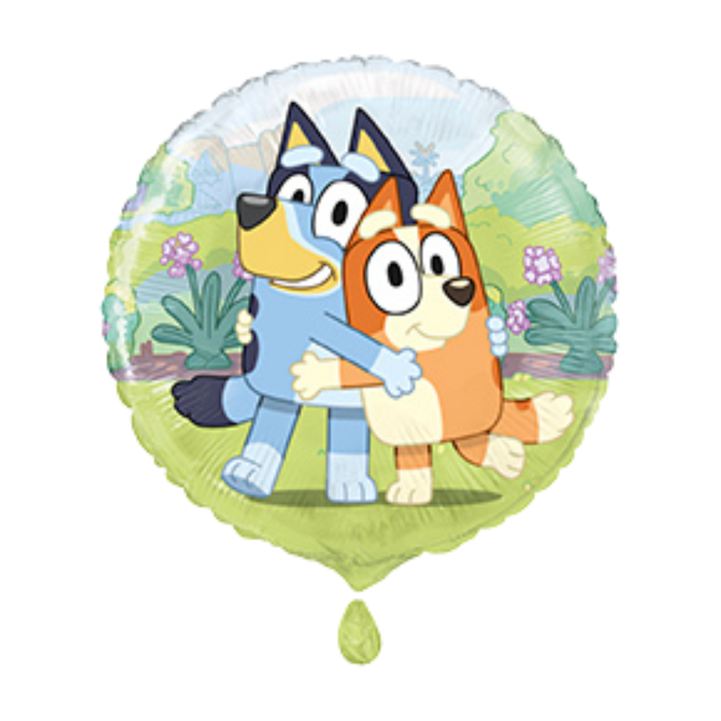 Blue and orange cartoon balloon with hugging dogs for kids birthday from Parte Haus party supply store in Bethesda MD