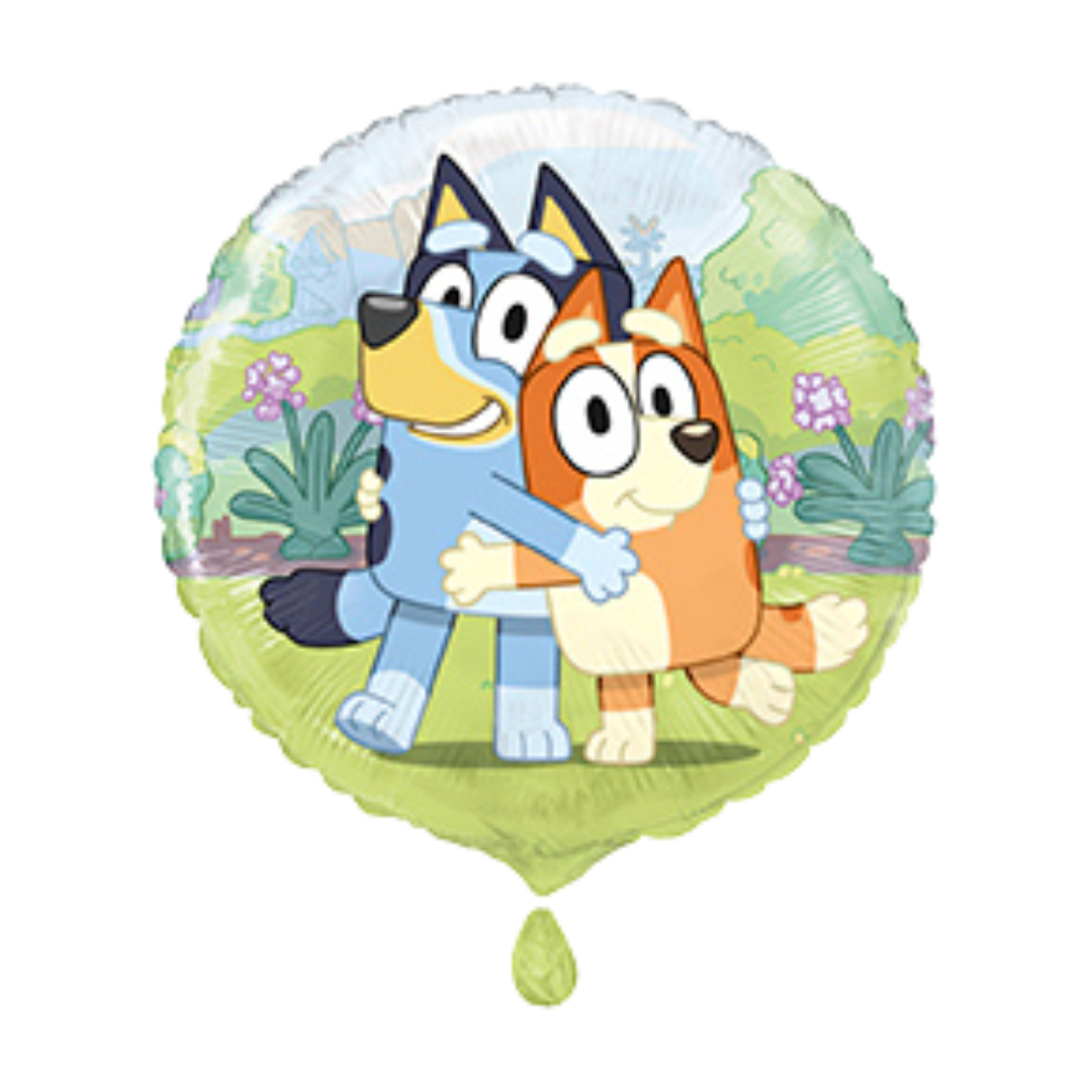 Blue and orange cartoon balloon with hugging dogs for kids birthday from Parte Haus party supply store in Bethesda MD