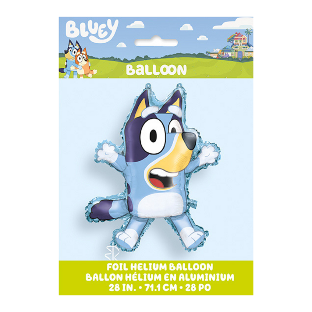 Blue cartoon character foil balloon shaped like Bluey birthday theme from Parte Haus party supply store in Bethesda Maryland