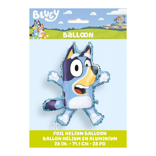 Blue cartoon character foil balloon shaped like Bluey birthday theme from Parte Haus party supply store in Bethesda Maryland