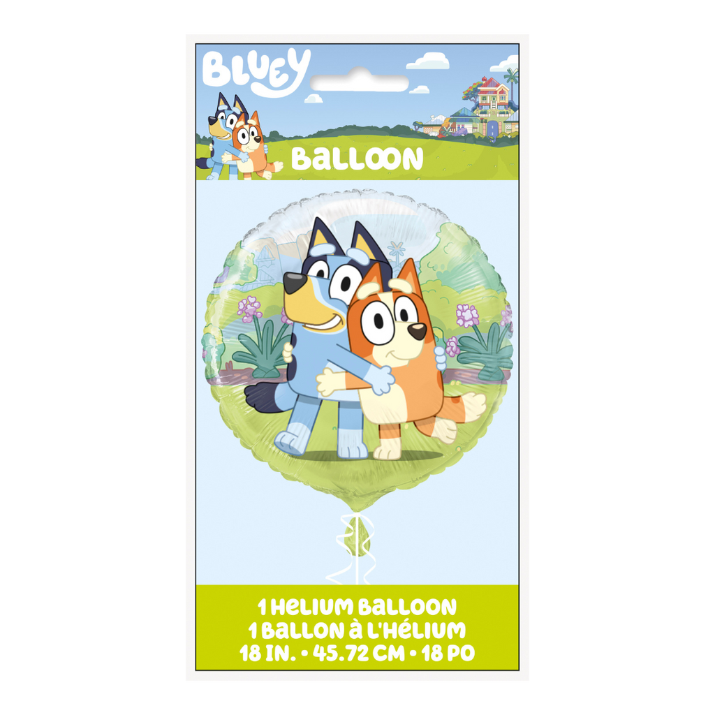 Blue round Bluey balloon with cartoon dogs outdoor scene birthday from Parte Haus party supply store in Bethesda MD