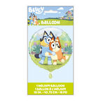 Blue round Bluey balloon with cartoon dogs outdoor scene birthday from Parte Haus party supply store in Bethesda MD