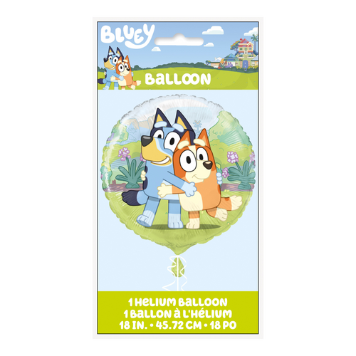 Blue round Bluey balloon with cartoon dogs outdoor scene birthday from Parte Haus party supply store in Bethesda MD