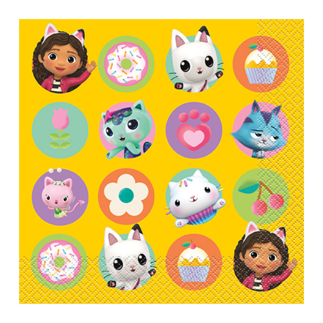 Yellow Gabby's Dollhouse napkin with cartoon cats donuts and cupcakes birthday theme from Parte Haus party supply store in Bethesda Maryland