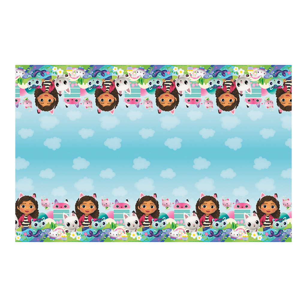 Blue Gabby's Dollhouse table cover with cartoon cats and girl birthday theme from Parte Haus party supply store in Bethesda Maryland