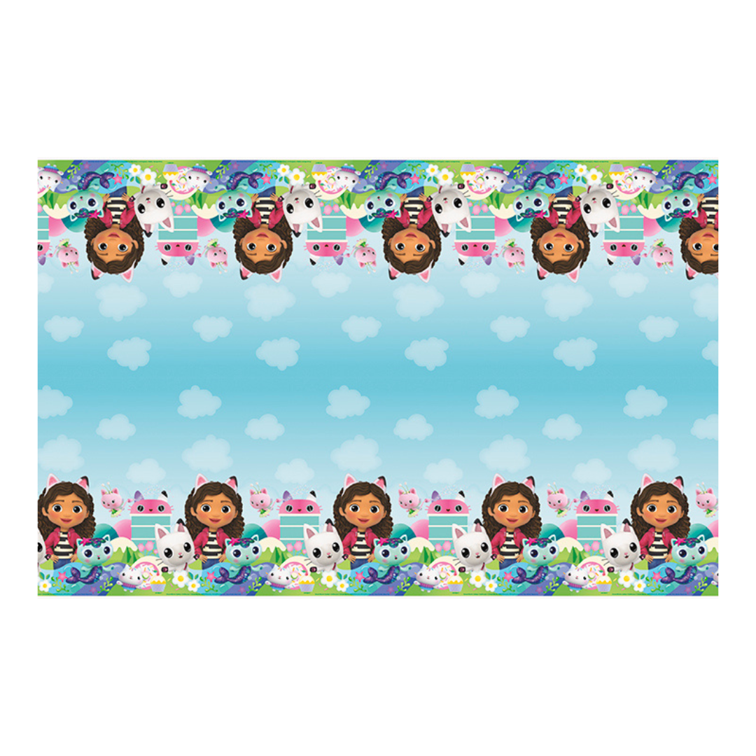 Blue Gabby's Dollhouse table cover with cartoon cats and girl birthday theme from Parte Haus party supply store in Bethesda Maryland