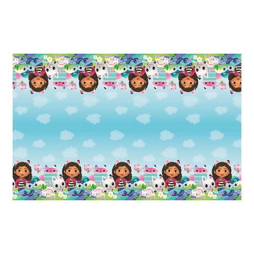 Blue Gabby's Dollhouse table cover with cartoon cats and girl birthday theme from Parte Haus party supply store in Bethesda Maryland
