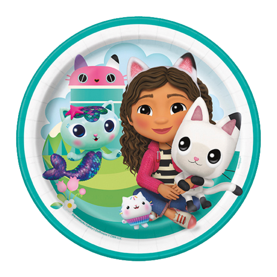 Teal Gabby's Dollhouse paper plate featuring girl with cat birthday theme from Parte Haus party supply store in Bethesda MD