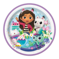 Purple Gabby's Dollhouse paper plate with cat characters and cupcakes birthday theme from Parte Haus party supply store in Bethesda MD