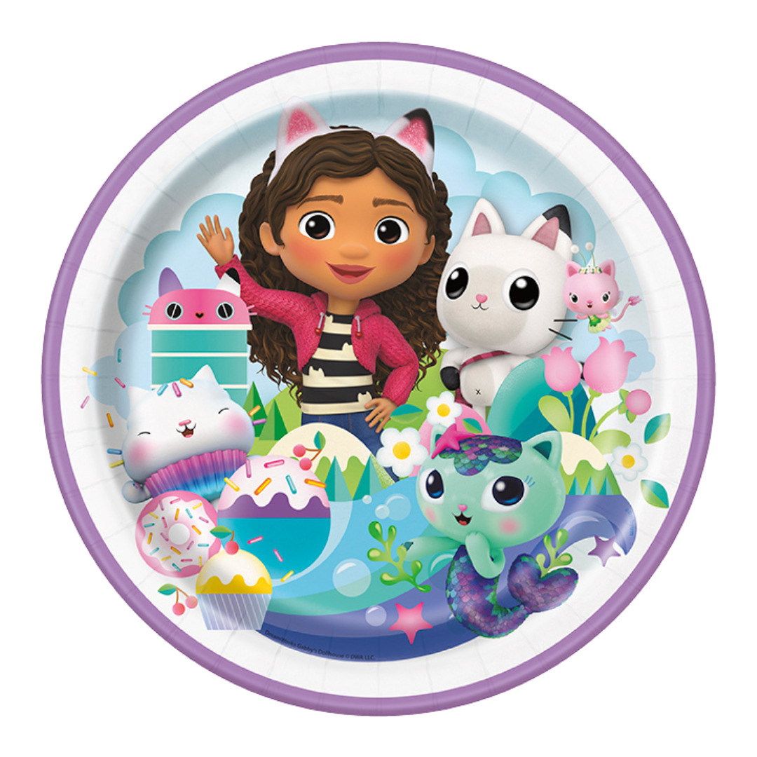 Purple Gabby's Dollhouse paper plate with cat characters and cupcakes birthday theme from Parte Haus party supply store in Bethesda MD