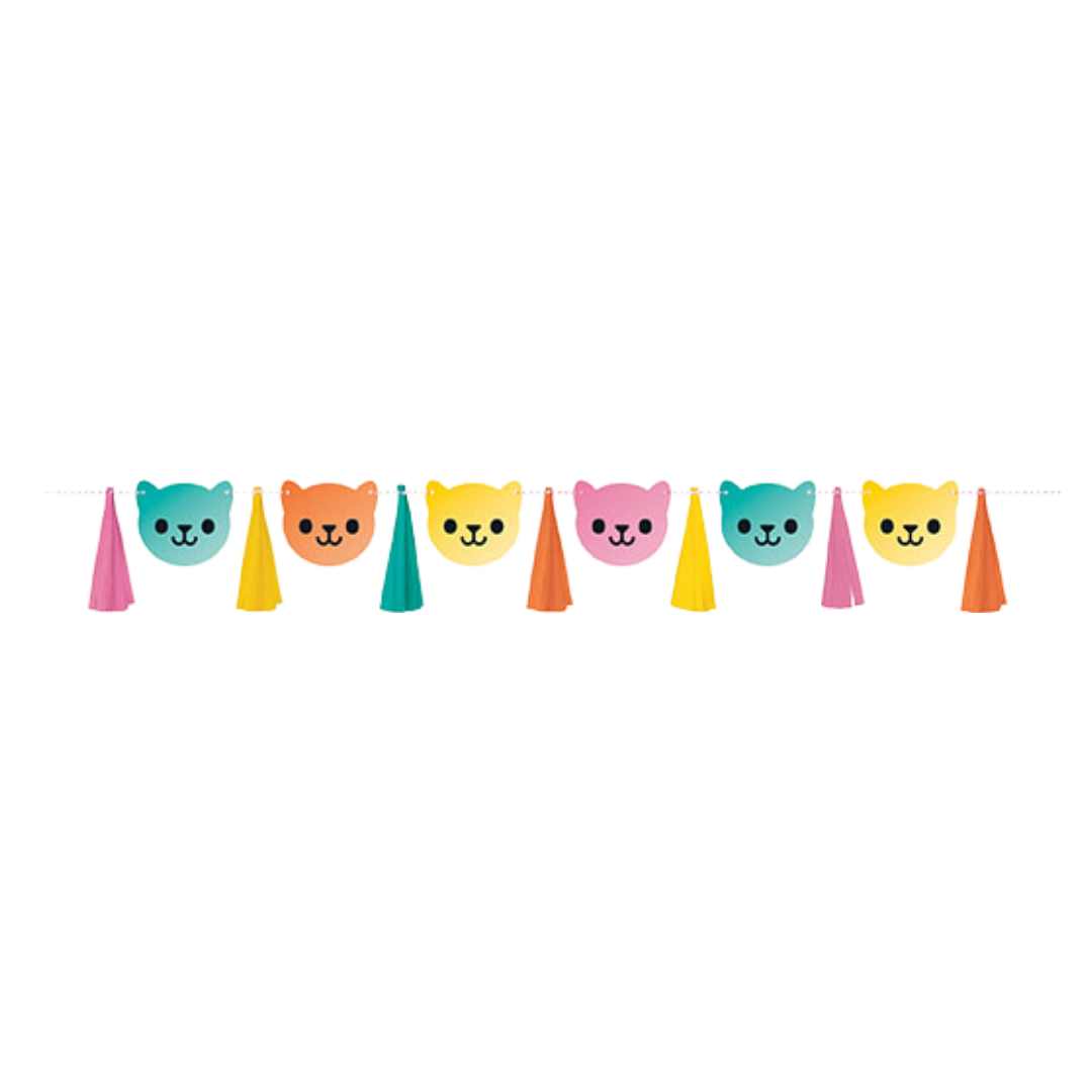 Multicolor cat face garland banner for kids birthday from Parte Haus party supply store in Bethesda MD
