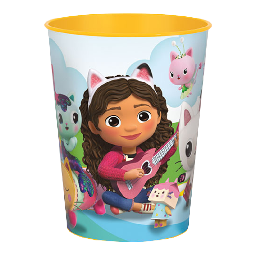 Colorful Gabby’s Dollhouse plastic cup with cartoon girl and cat ears for kids birthday from Parte Haus party supply store in Bethesda Maryland