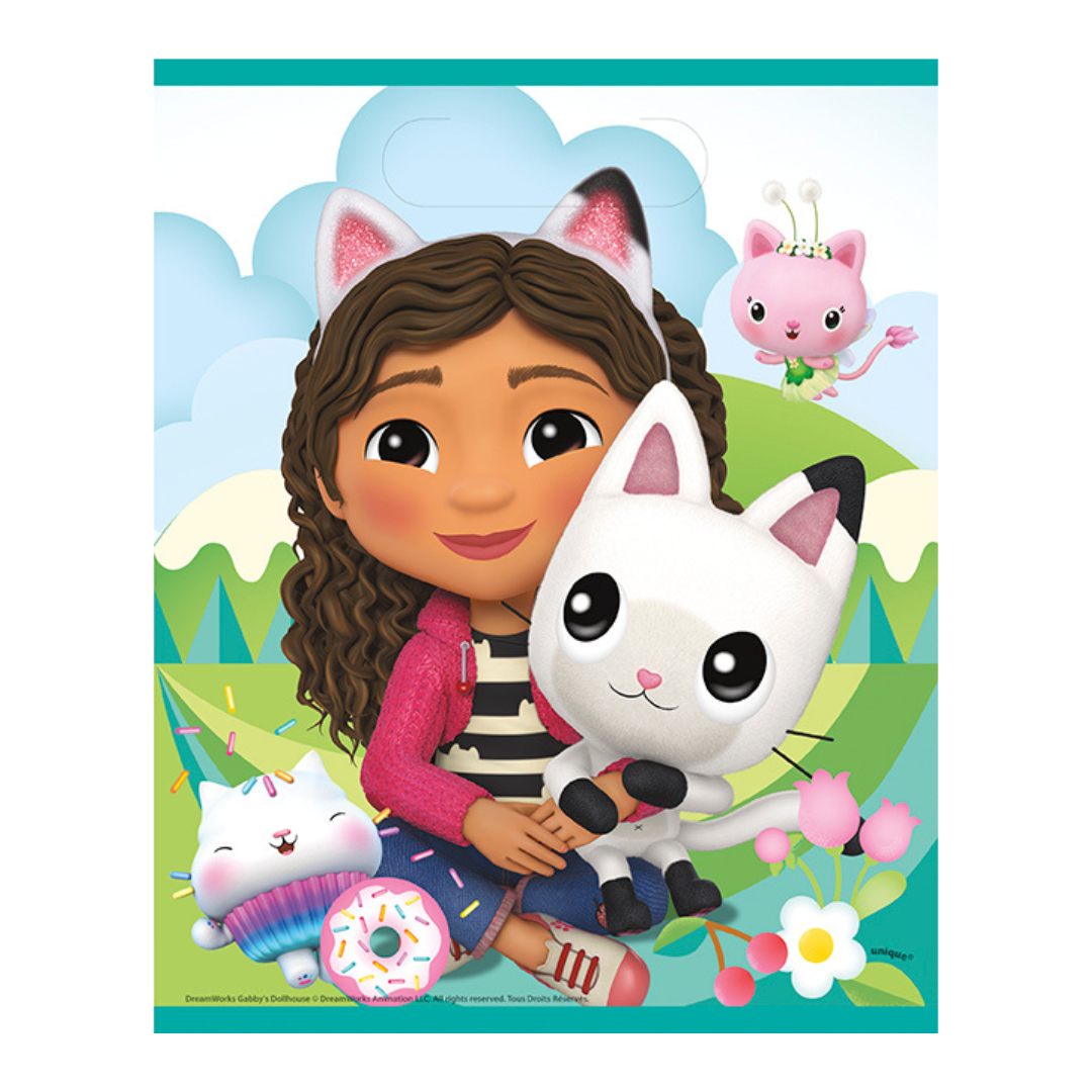 Multicolor Gabby’s Dollhouse gift bag cartoon girl and cats birthday theme from Parte Haus party supply store in Bethesda MD