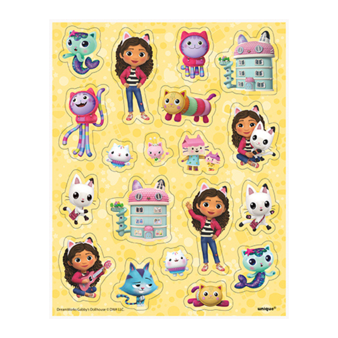 Multicolor Gabby's Dollhouse sticker sheet with cartoon cats on yellow background kids birthday from Parte Haus party supply store in Bethesda Maryland