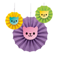 Purple pink yellow green cat face paper fan decorations for kids birthday from Parte Haus party supply store in Bethesda MD