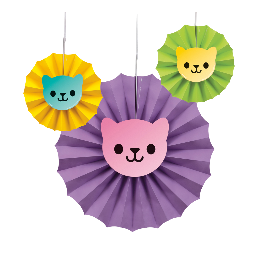 Purple pink yellow green cat face paper fan decorations for kids birthday from Parte Haus party supply store in Bethesda MD