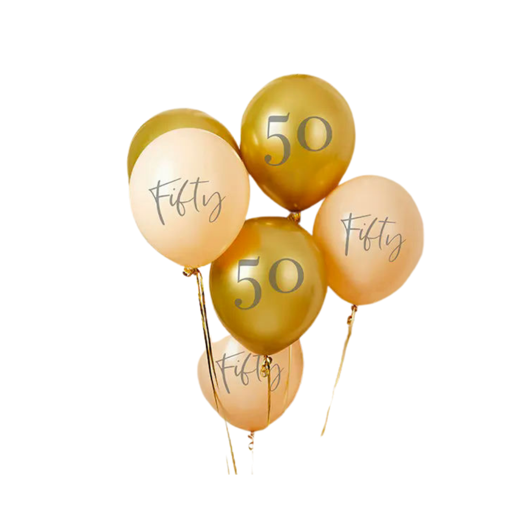 Gold and cream fifty balloons for 50th birthday celebration from Parte Haus party supply store in Bethesda MD