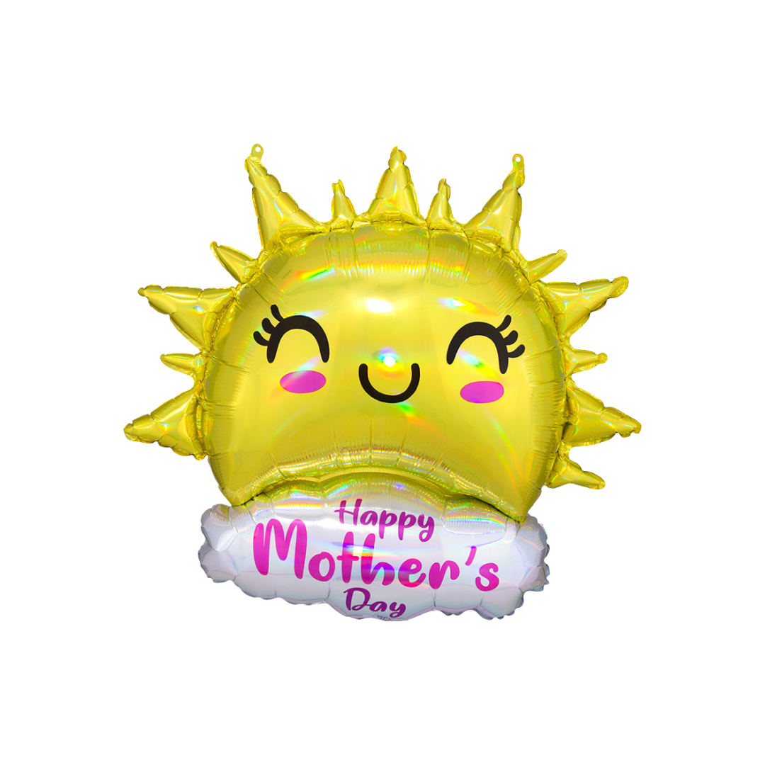 Yellow sun holographic foil balloon with a smiling face for Mother’s Day from Parte Haus party supply store in Bethesda, MD.