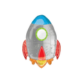 Silver blue and red spaceship foil balloon with colorful rocket design space birthday theme from Parte Haus party supply store in Bethesda, Maryland