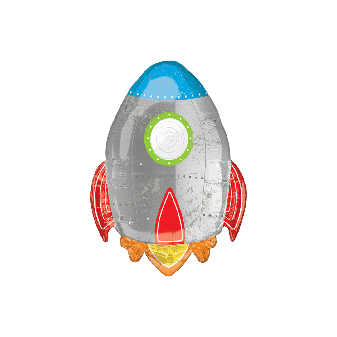 Silver blue and red spaceship foil balloon with colorful rocket design space birthday theme from Parte Haus party supply store in Bethesda, Maryland