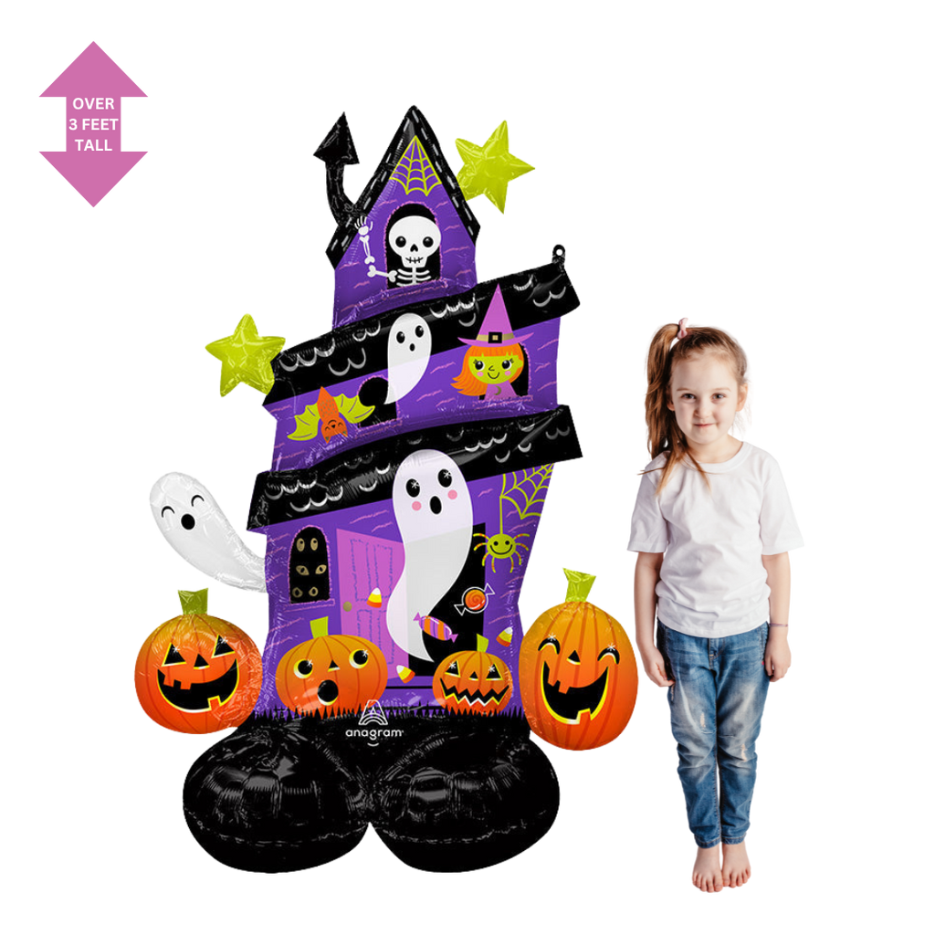 Purple haunted house Halloween balloon decoration with ghosts pumpkins and stars from Parte Haus party supply store in Bethesda Maryland