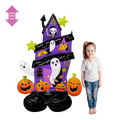 Purple haunted house Halloween balloon decoration with ghosts pumpkins and stars from Parte Haus party supply store in Bethesda Maryland