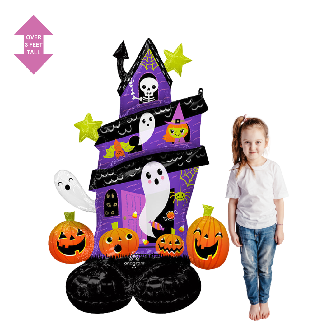 Purple haunted house Halloween balloon decoration with ghosts pumpkins and stars from Parte Haus party supply store in Bethesda Maryland