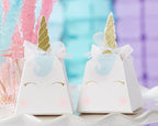 White unicorn favor boxes with gold horns and pastel accents birthday theme from Parte Haus party supply store in Bethesda MD
