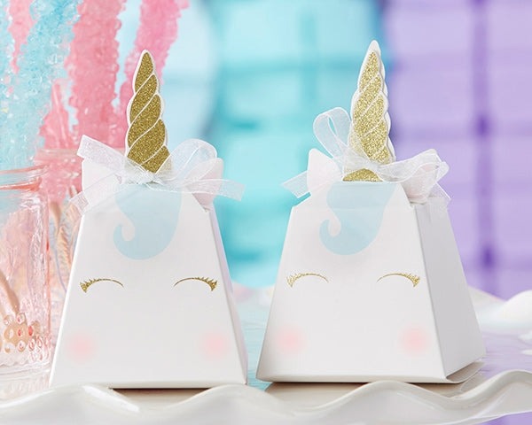 White unicorn favor boxes with gold horns and pastel accents birthday theme from Parte Haus party supply store in Bethesda MD