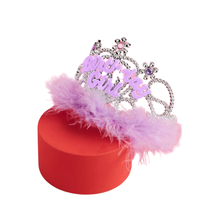 Purple birthday girl tiara with gemstones and fluffy trim for birthday celebration from Parte Haus party supply store in Bethesda MD