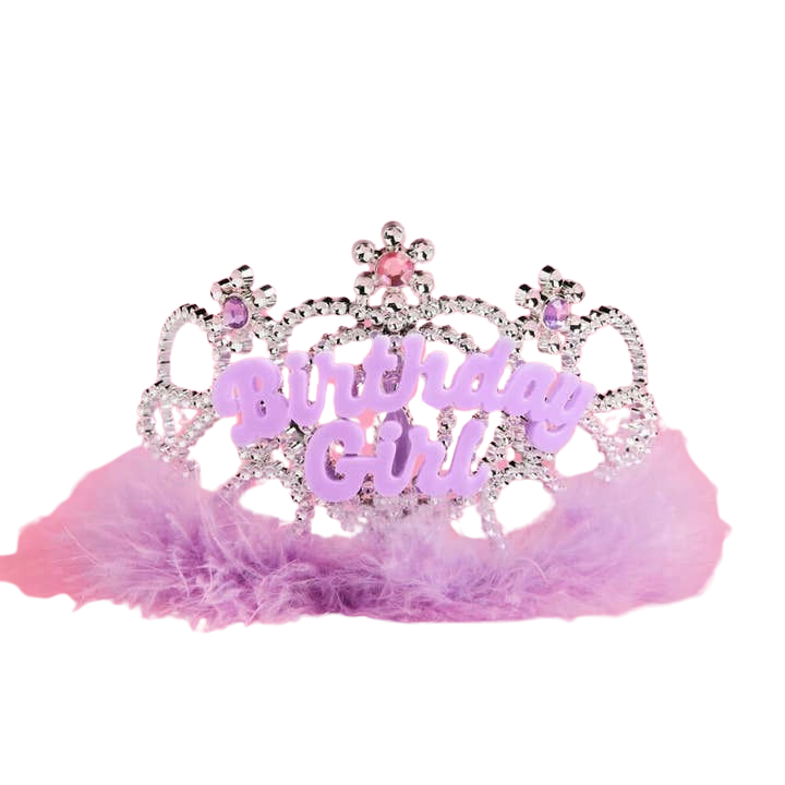 Pink birthday tiara with feathers for birthday girl from Parte Haus party supply store in Bethesda Maryland