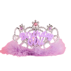 Pink birthday tiara with feathers for birthday girl from Parte Haus party supply store in Bethesda Maryland