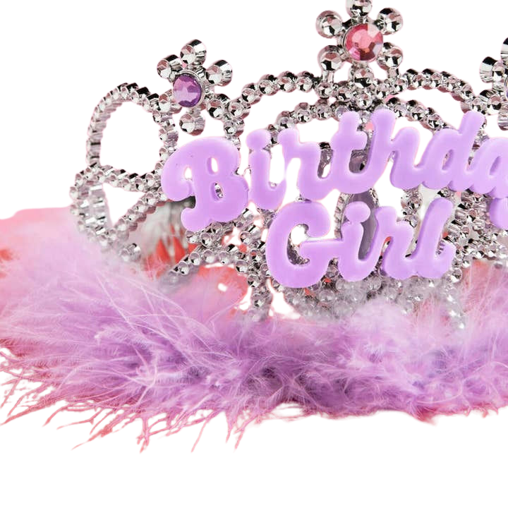 Pink birthday girl tiara with silver jewels and fluffy trim for birthday from Parte Haus party supply store in Bethesda MD