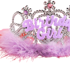 Pink birthday girl tiara with silver jewels and fluffy trim for birthday from Parte Haus party supply store in Bethesda MD
