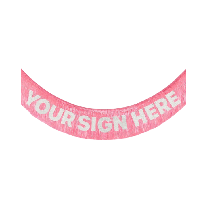 Pink customizable sash with white your sign here text bachelorette from Parte Haus party supply store in Bethesda MD.