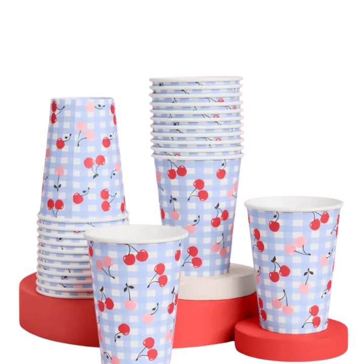 Light Blue Cherry Gingham Paper Cups