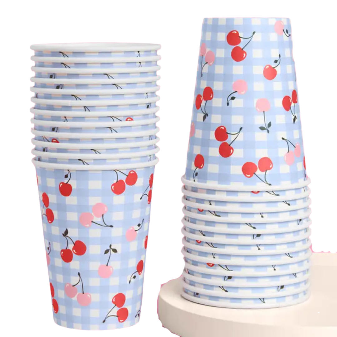 Light Blue Cherry Gingham Paper Cups