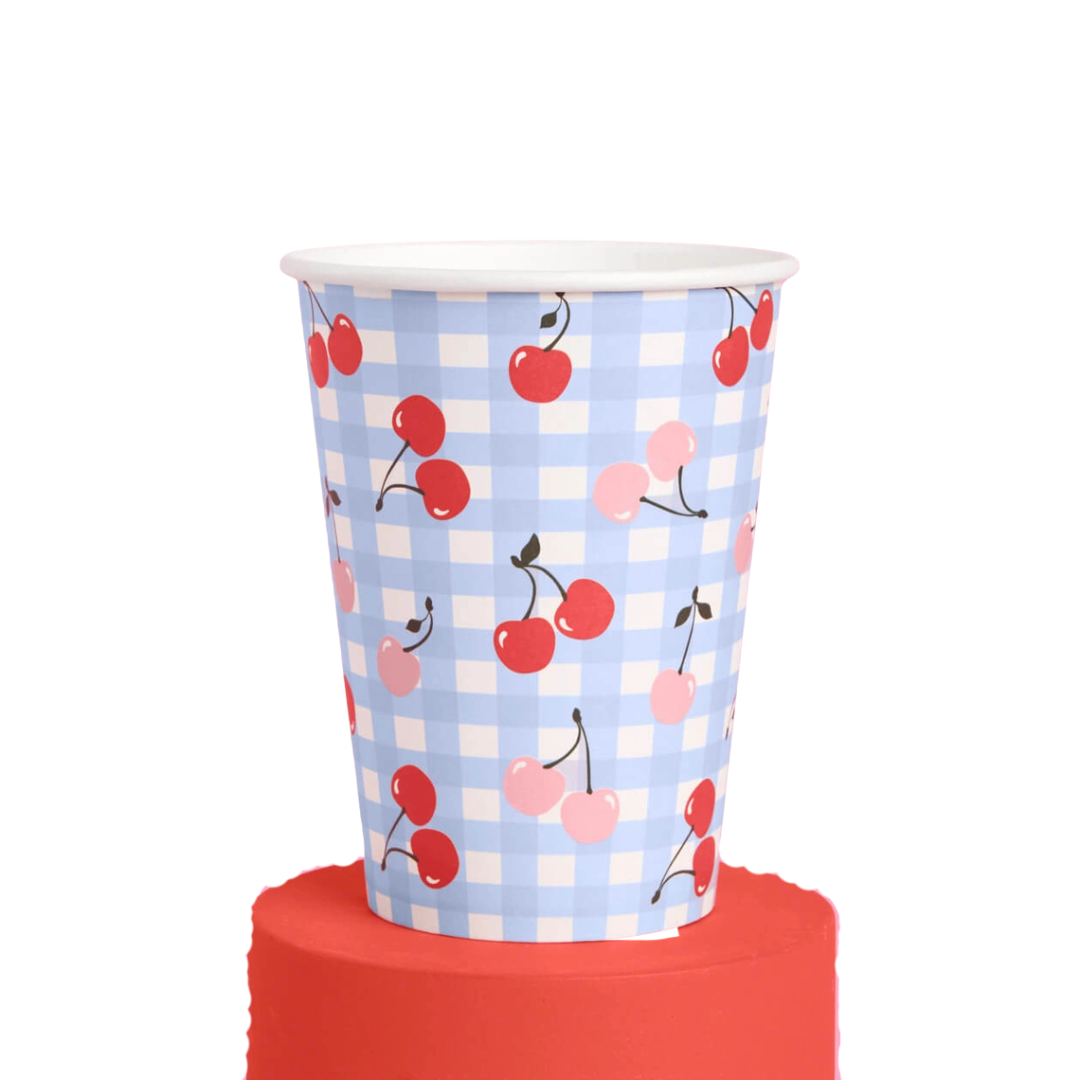 Light Blue Cherry Gingham Paper Cups