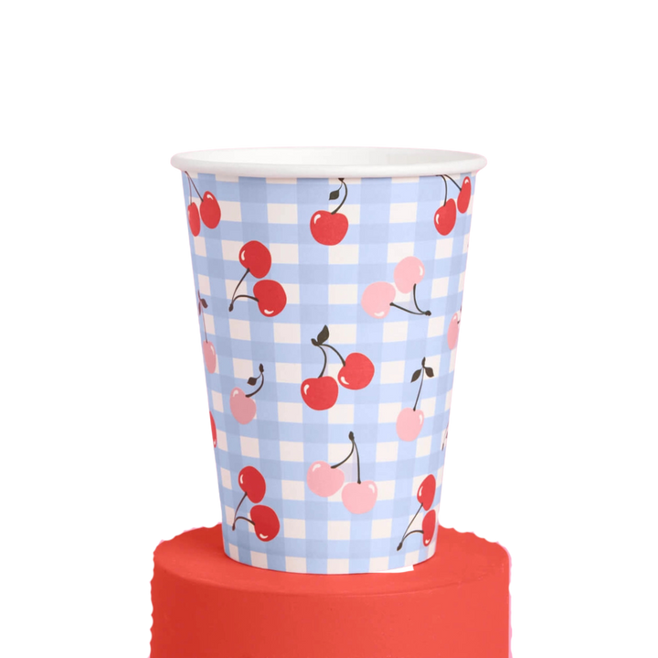 Light Blue Cherry Gingham Paper Cups