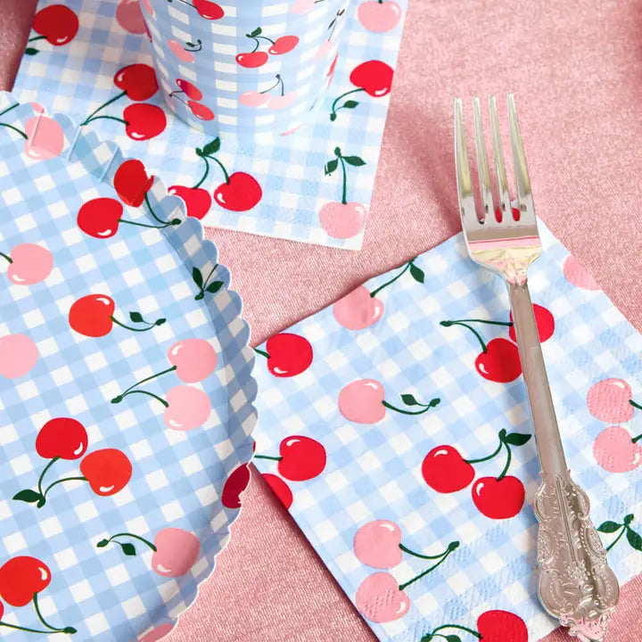 Blue with Red and Pink Cherry Paper Napkins