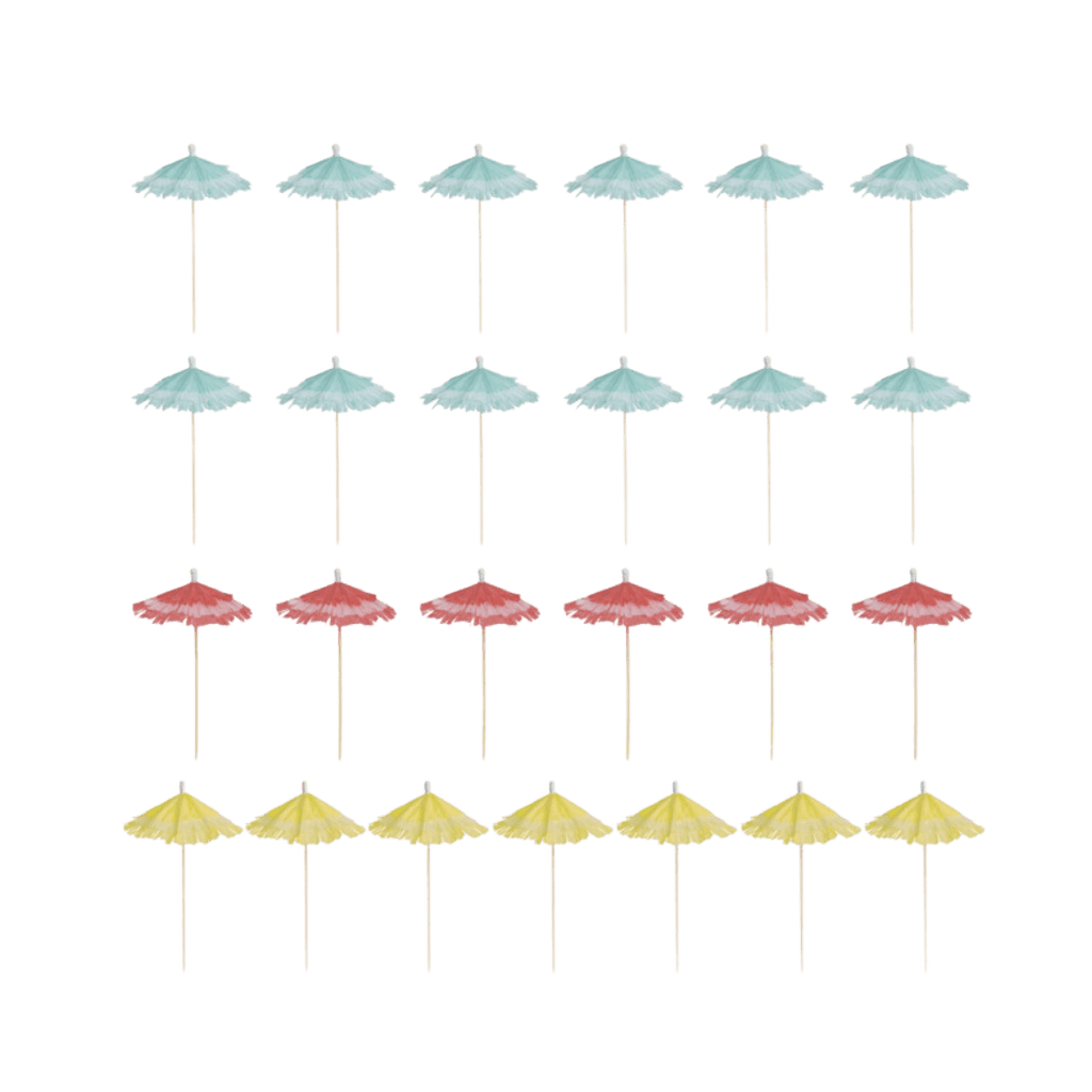 Blue pink and yellow drink umbrella picks for tropical summer decor from Parte Haus party supply store in Bethesda MD
