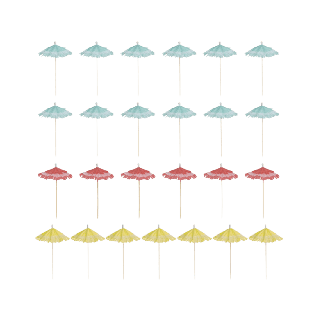 Blue pink and yellow drink umbrella picks for tropical summer decor from Parte Haus party supply store in Bethesda MD